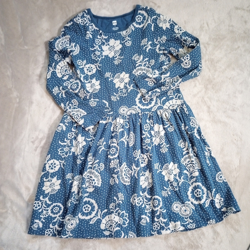 Girl's Tea Collection Blue Dotted Floral Knit Dress 12